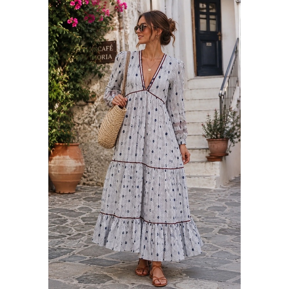 Zara Midi Dress XS Embroidered Blue Red Peasant LS Boho Summer Holiday